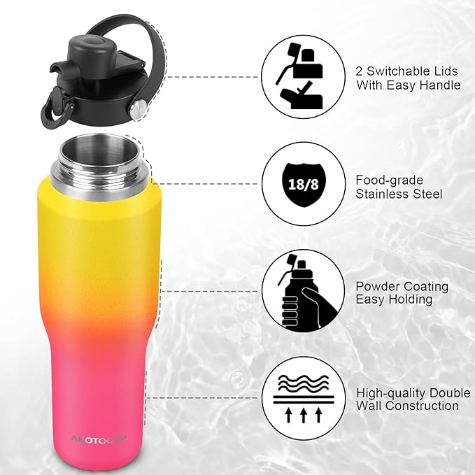 32oz Water Bottle with Powder Coated, Fit in Any Car Cup Holder, Water Bottle with Straw Lids, Stainless Steel Insulated Water Flask Double Wall Leak-proof BPA Free to Keep Cold&Hot