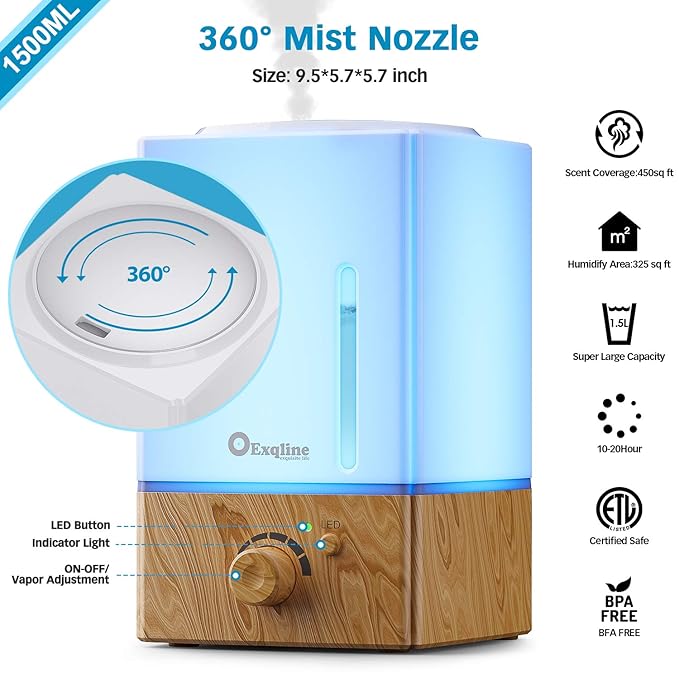 Exqline 1500ml Large Aroma Essential Oil Diffuser - Unique Aromatherapy Humidifier for Large Room (Wood Grain)