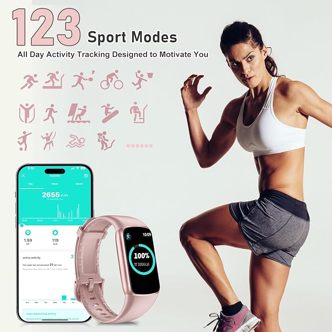 Fitness Tracker with 24/7 Heart Rate, Blood Pressure Blood Oxygen Sleep Monitor, 123 Sports Modes Calories Smart Watch,IP68 Waterproof Step Counter Activity Trackers Pedometer for Women Men (Pink)