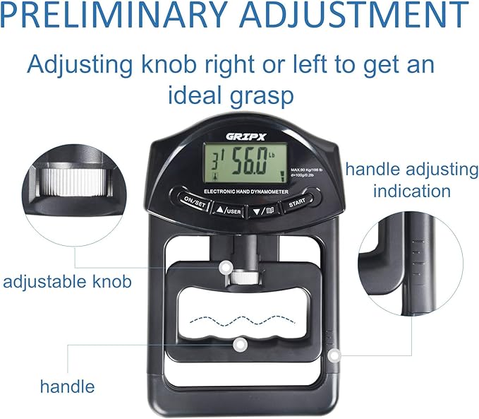 GRIPX Digital Hand Dynamometer Grip Strength Measurement Meter Auto Capturing Electronic Hand Grip Power 198Lbs / 90Kgs