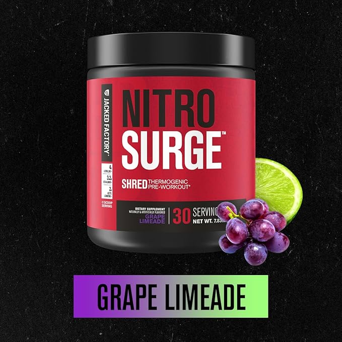 Jacked Factory NITROSURGE Shred Pre Workout Supplement - Energy Booster, Instant Strength Gains, Sharp Focus, Powerful Pumps - Nitric Oxide Booster - 30Sv, Grape Limeade