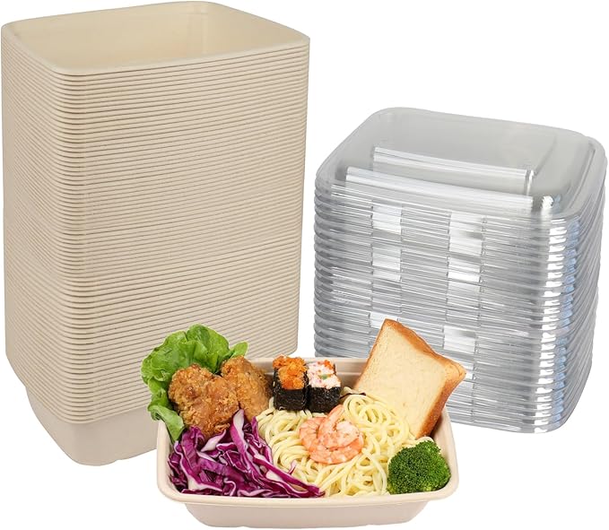 40 oz Rectangle Disposable salad bowls with lids, Sugarcane Fibers Bowls take away food containers Plant Fibers Freezer Safe 50 Pack