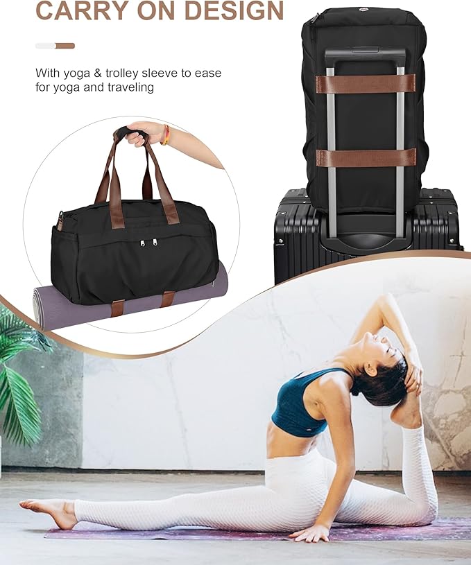 Gym Bag for Women Men with Shoe Compartment, Sport Duffel Bag, Waterproof Travel Weekender Overnight Carry on Bag for Yoga with Trolley Sleeve, Black Brown