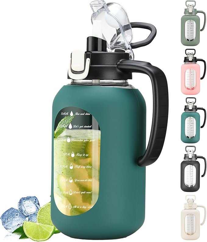 64 oz Glass Water Bottle with Straw and Handle Half Gallon Water Jug with Silicone Sleeve Large Water Bottle for Office, Gym, Outdoor Sports