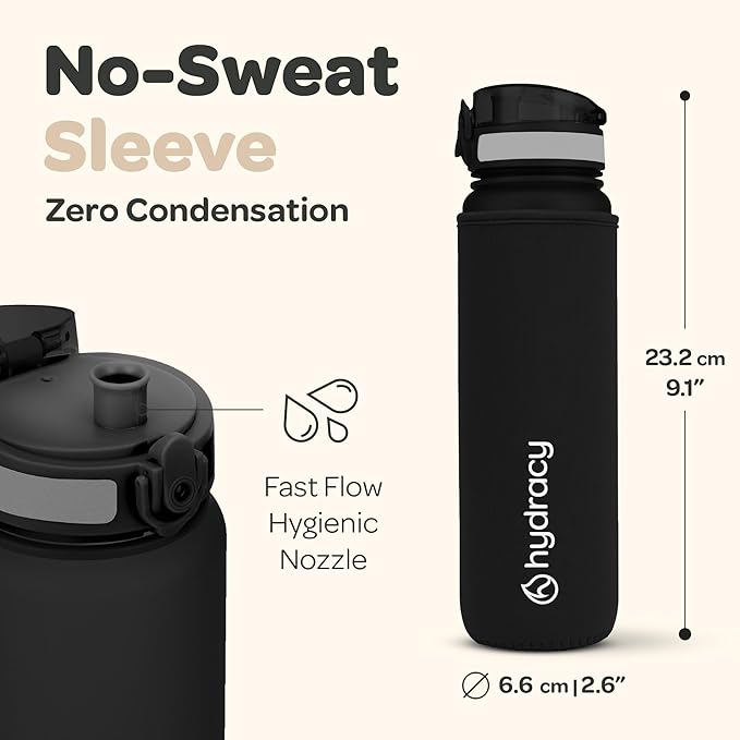 Hydracy Water Bottle with Time Marker -Large BPA Free Water Bottle & No Sweat Sleeve -Leak Proof Gym Bottle with Fruit Infuser Strainer & Times to Drink -Ideal for Fitness Sports & Outdoors