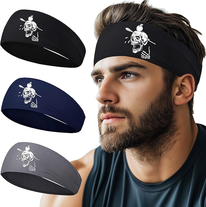 Headbands for Men Women 3pcs Sports Sweat Bands Headbands Men Sweatbands Workout Headband for Mens Running Cooling Skull Sweat Band Head Bands