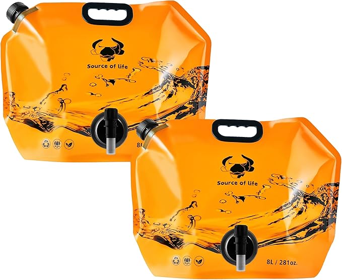 Collapsible 8L Water Storage Bag, BPA-Free Portable Folding Water Jug with Adjustable Faucet, Leakproof Emergency Water Bag for Camping, Hiking, Riding, Outdoor Sport (Orange, 2)