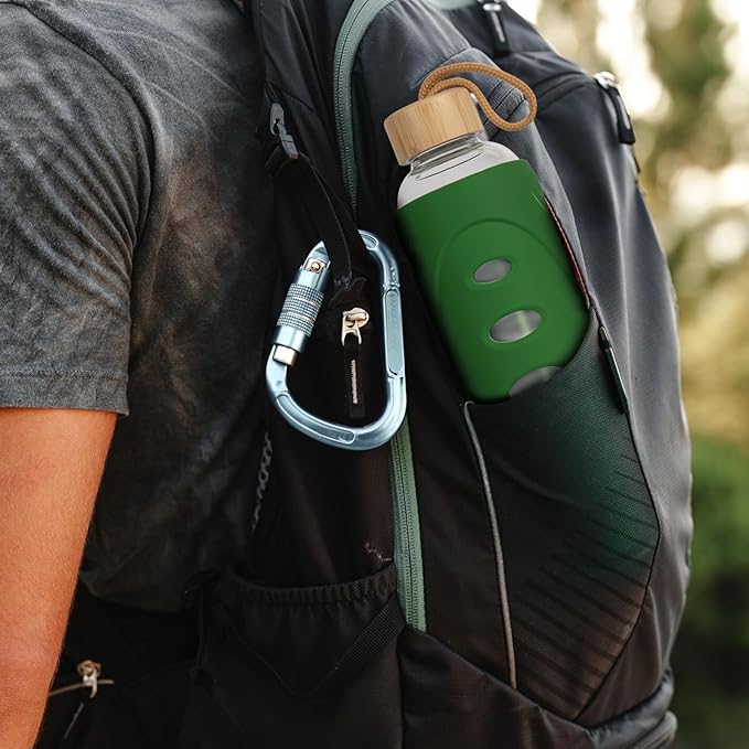 Sport 32oz Glass Water Bottle 1000ml /1 liter Borosilicate Glass Water Bottle Reusable Waterbottle Jugwith Silicone Sleeve and Unique Lid (Dark green