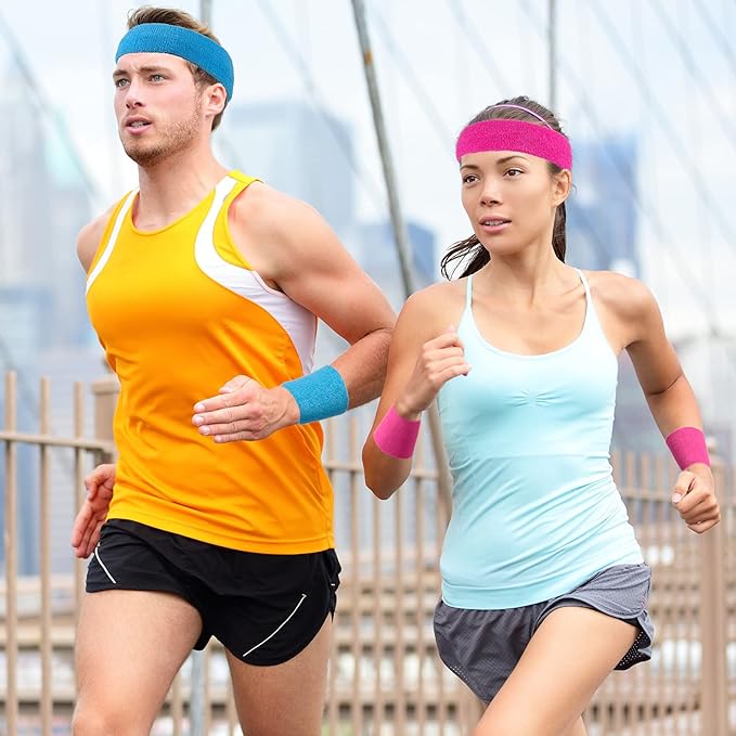 12 Pcs Sweatbands Set Neon Colors Headbands and Wristbands for Men Women Moisture Wicking Sweat Absorbing Workout Cotton Headbands 80s 90s Party