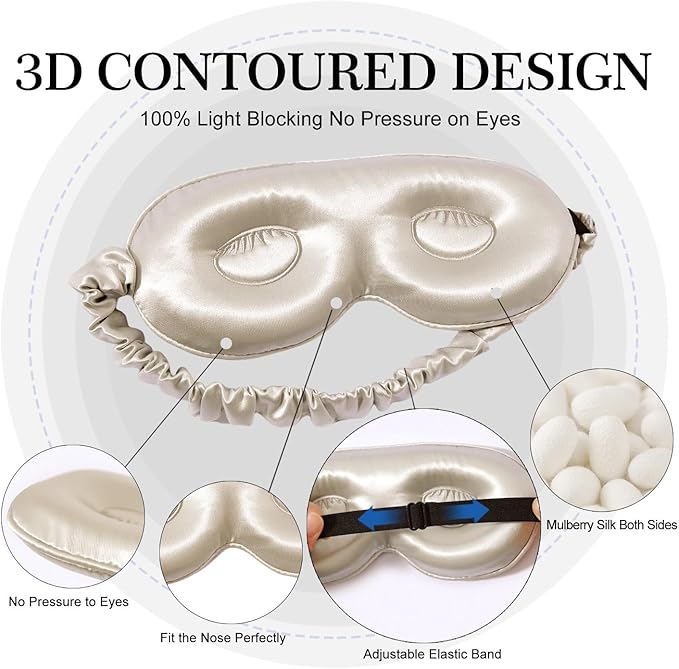 ZIMASILK Adjustable 22 Momme 100% Pure Mulberry Silk Sleep Mask, 3D Contoured Cup Eye Mask for Sleeping, Super Soft Breathable Blindfold, Perfect Blocks Light for Sleeping. (Beige)