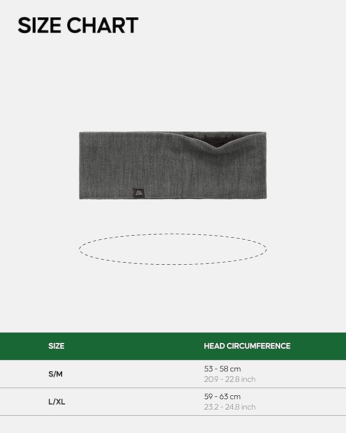 DANISH ENDURANCE Merino Wool Headband, with Thermal Inner Fleece, for Men and Women, Unisex, 1 or 2-pack, Black, M/L