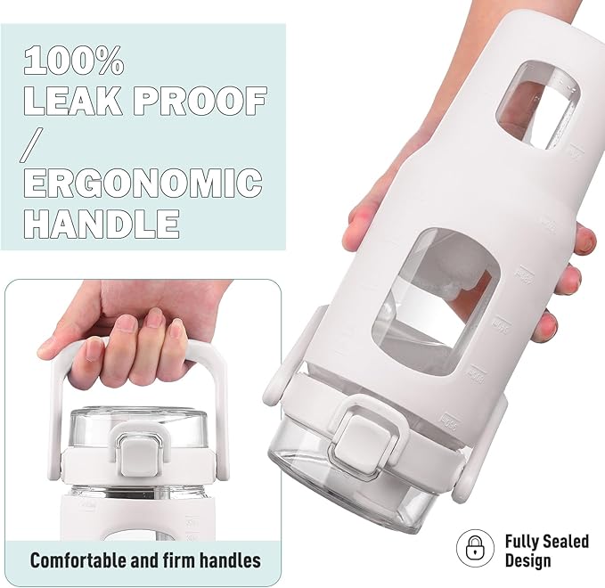 BLUEGO 32oz Glass Tumbler with Lid and Handle, Iced Coffee Cup with Straws, Glass Water Bottle with Silicone Sleeve and Volume, Marker Glass Cup with Time Marking, BPA Free, White