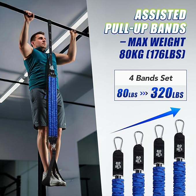 Pull Up Assistance Bands with Foot Support Pedal - 320LBS /400LBS Heavy Duty Resistance Bands Adjustable Weight/Height with 80Lbs Bands&Measured Strap for Strength Training Home Gym