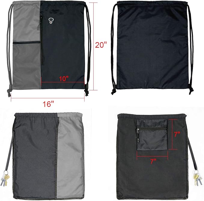 BeeGreem Grey Sport Bag Drawstring Backpack String Bag For Men Women Gym Backpack With Water Bottle Mesh Pockets And Two Zipper Pockets 16" x 20"
