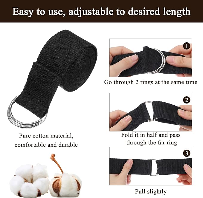 10 PCS Yoga Belt Strap for Stretching, Exercise Belt with Metal D Ring, 6 Feet Yoga Stretching Strap with Loops, Adjustable for Gym, Pilates & Physical Therapy, Black