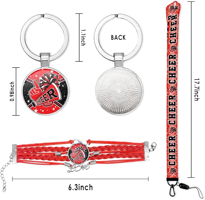 Cheerleading Drawstring Bag Gift Set Including Drawstring Sackpack Stickers Lanyard Keychains Bracelets Hair Ties 6 Pcs(Red)