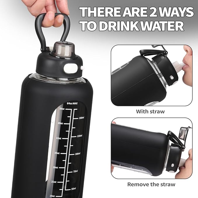 SIEROZUR 42 oz Glass Water Bottle with Straw and Handle, Large Sports Motivational Water Bottle Flask with Time Marker Leakproof Water Jug with Silicone Sleeve for Gym