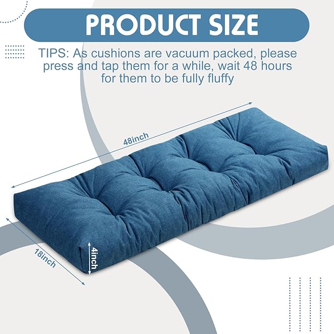 2 Pack Outdoor Bench Cushion Patio Waterproof Porch Swing Cushions Tufted Memory Foam Bench Seat Pads Thicken Non Slip for Outside Indoor Garden Furniture Wicker Loveseat Settee(Blue,48x18 Inch)
