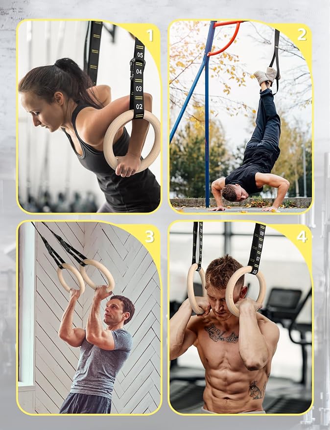 GHB Gymnastic Rings Wooden Gym Rings 1.25" Olympic Rings Adjustable Straps Pull Up Rings Sets for Workout Bodyweight Fitness Training