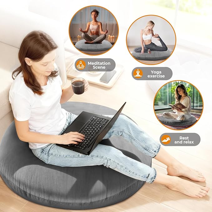 32" Round Floor Pillow with 13" Thick Padding, Velvet Meditation Cushion for Yoga & Lounge Seating, Large Ottoman Replacement Floor Mat for Adults, Decorative Accent Pillow (Grey)
