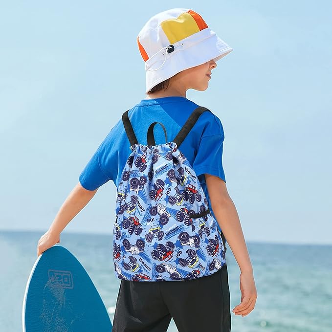 Children Boy Girl Ocean Shark Print Drawstring Backpack Outdoor Casaul Portable Shoulder Bag Swim Gymsack Sack Pack Dark Blue