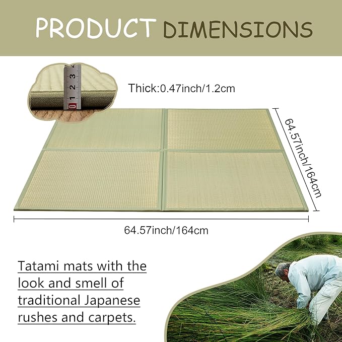 HAGiHARA Japanese Tatami Mat, Patchwork Tatami Floor Mats, 64" x 64" Foldable Square with Non-Slip Design for Bedroom, Crawling and Yoga, Made of Rush Grass, Igusa(with Edge/4 Picecs)