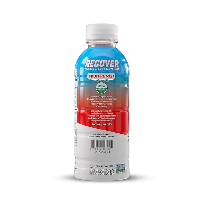 RECOVER 180 Organic Sports Hydration Drink, No Sugar Added, 20 Calorie Sports Beverage, Organic Flavors With Vitamins, Potassium-Packed Electrolytes (16.9 Fl Oz (Pack of 12), Fruit Punch)
