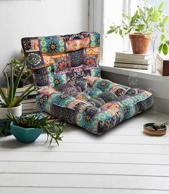 Boho Round Floor Seat Pillows Cushions 22" x 22", Soft Cotton Linen Bohemian Yoga Mandala Meditation Pouf Tatami Floor Pillow Cushion for Living Room Adults & Kids Casual Reading Nooks,Flowers Beige