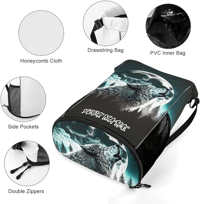 Custom Wolf Drawstring Backpack - Cute Cinch Sack, String Backpacks with Pocket for Women Men Kids Boys Girls for Gym Outdoor Sports Travel Athletic Drawstring Bag - Lightweight/Foldable