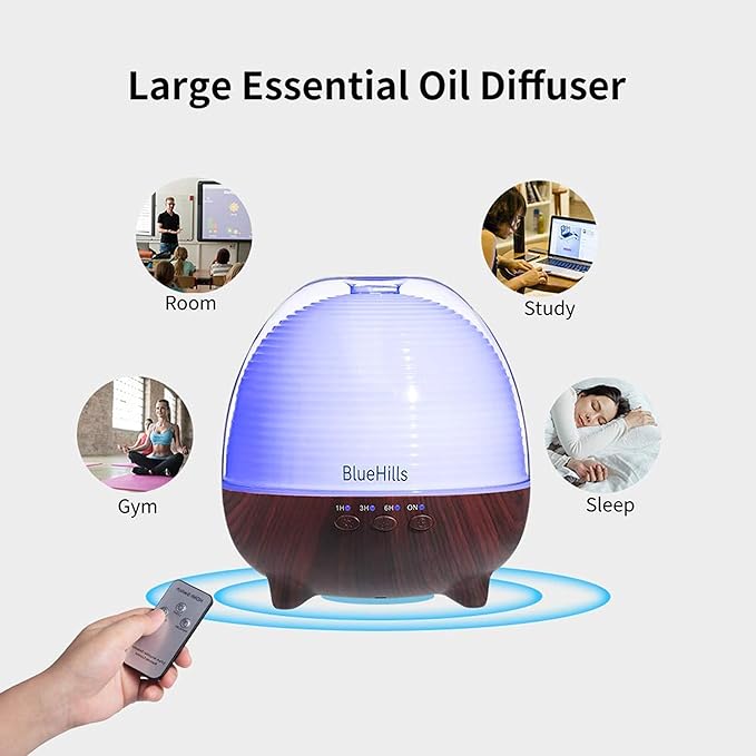 BlueHills Premium 1000 ML Large XL Essential Oil Diffuser with Remote Aroma Humidifier for Large Room Home Long Run Time Huge Coverage Area Lights High Mist Output Big Capacity Dark Wood Grain N6