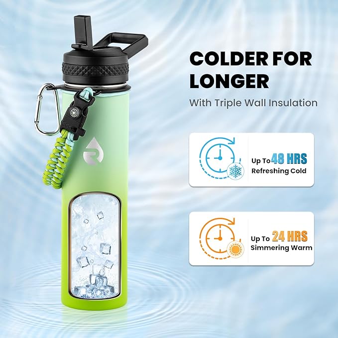 Insulated Water Bottle 24oz, Triple Wall Vacuum Stainless Steel (Cold for 48 Hrs, Hot for 24Hrs), Leak Proof & Non-BPA, 24oz Hydro Water Flask with Paracord Handle & Straw Spout Lids