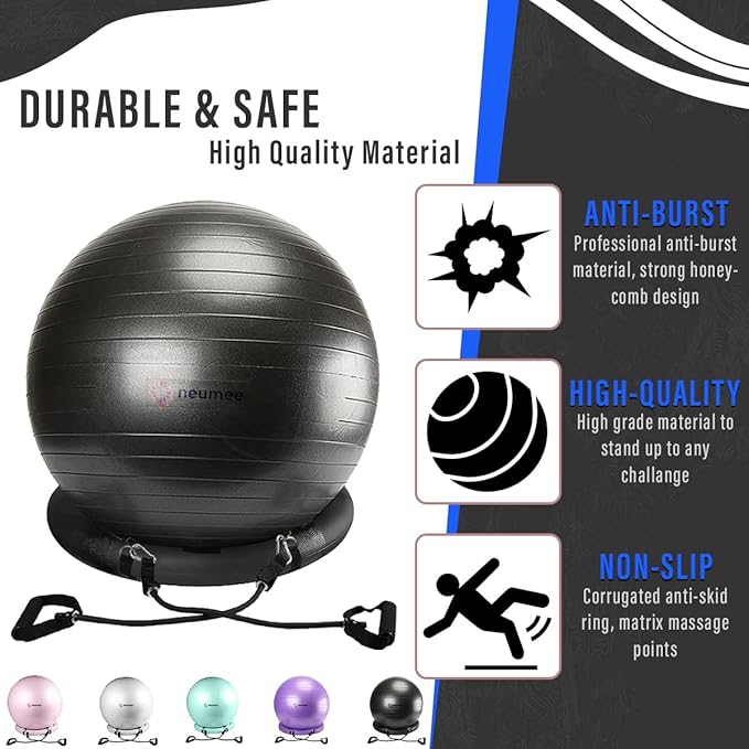 Exercise Ball Chair with Resistance Bands, Yoga Ball Office Chair with Stability Base for Home Gym, Workout Ball for Fitness, Large Size 65 cm