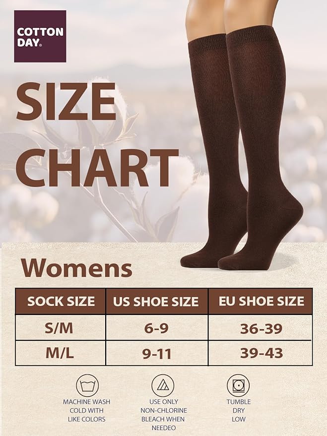 COTTON DAY Women's Soft Combed Cotton Knee High Long Calf Dress Socks Seamless Toe Black White Gray Navy Blue Brown