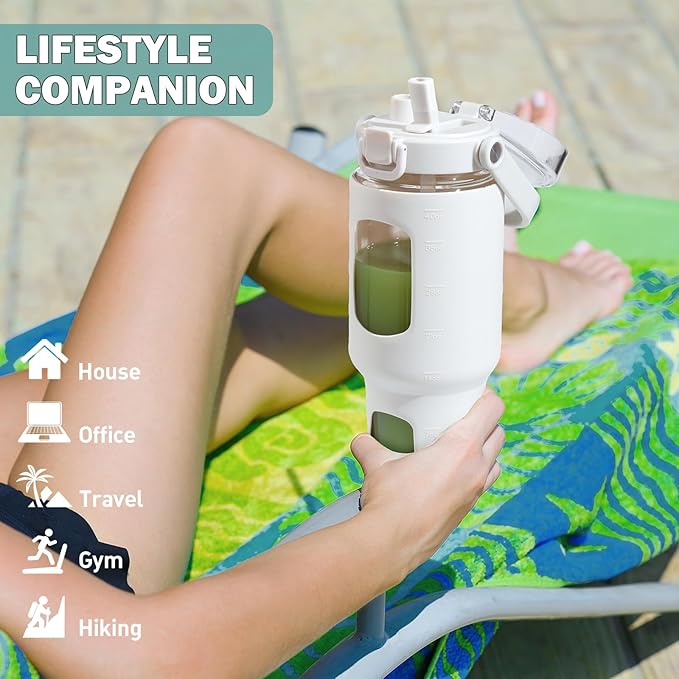 BLUEGO 40 oz Glass Water Bottles with Straw Time Marker, Glass Tumbler with Handle Top Lids, Easy to Clean, Fits in Car Cup Holder, Leakproof Jug for Gym, Sports, Workout & Daily, White