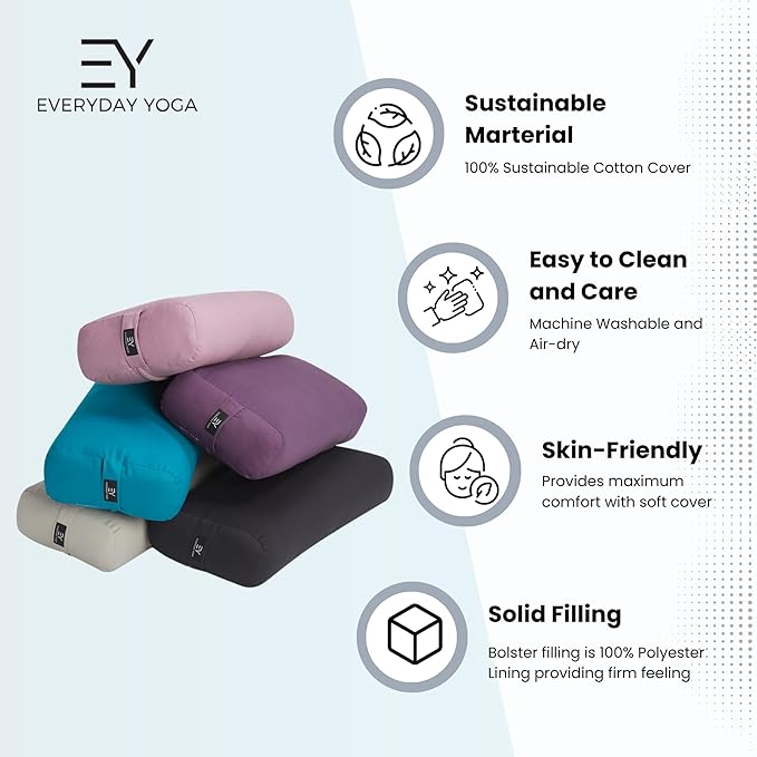 Everyday Yoga Premium Bolster, Meditation Pillow, Super Soft & Lightweight with Carry Handle - Firm Support for Restorative Yoga, Multi-color