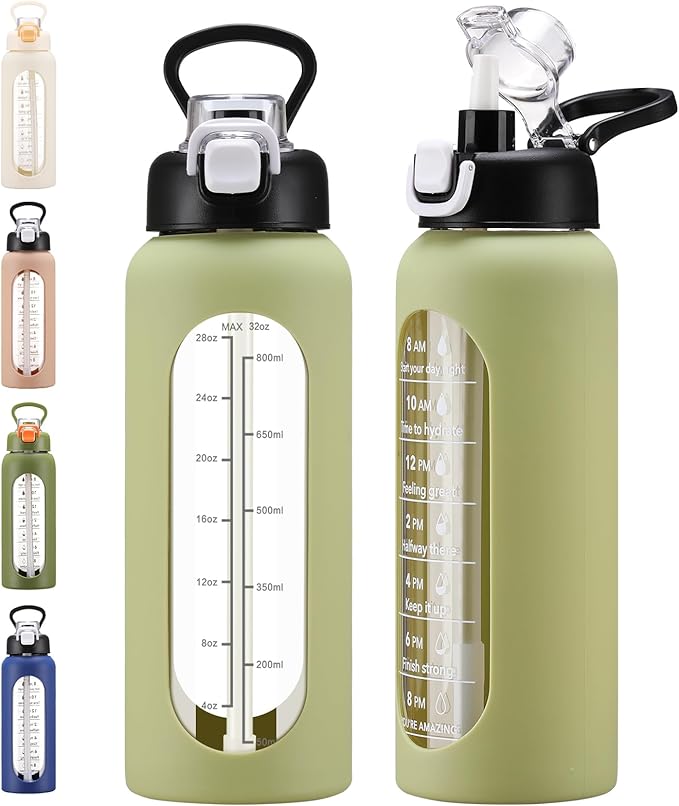 32 oz Glass Water Bolttles with Straw Large Motivational Water Bottle with Time Marker Sports Water Bottles with Silicone Sleeve and Handle Lid Water Jug for Gym Workout