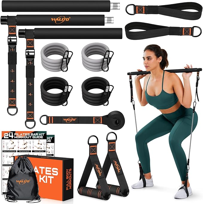 Pilates Bar Kit with Resistance Bands, 3-Section Multifunctional Yoga Pilates Bar with Metal Adjustment Buckle.Portable Pilates Equipment for Women & Men Full-Body Workouts at Home Gym