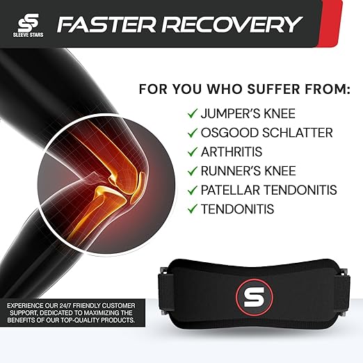 Sleeve Stars Patellar Tendon Support Strap Osgood Schlatter Knee Brace for Youth, Women & Men, Swedish Brand Patella Knee Strap for Arthritis & Pain, Patella Band w/ 3 Lengths (Black)