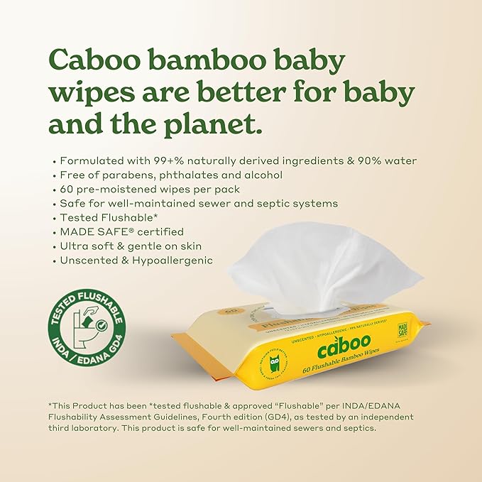 Caboo Tree Free Flushable Wipes, Certified Flushable, Septic Safe, Biodegradable, Chemical Free, Unscented Wipes for Adults made with Renewable Bamboo Based Viscose (Pack of 3, Total of 180)