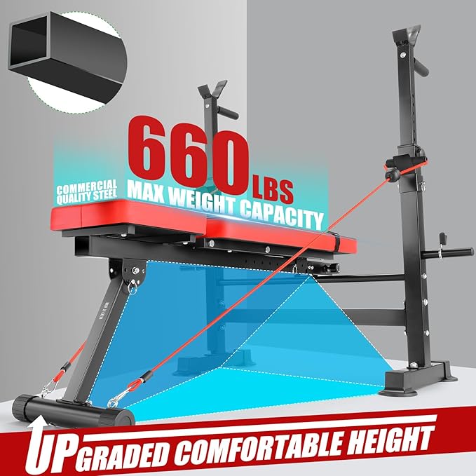 OPPSDECOR 8-in-1 Foldable Weight Bench Set with Squat Rack, Adjustable Bench Press Home Gym System for Full-Body Workout, Flat Incline Decline Sit Up Bench with Removable Foot Catch & Elastic Ropes