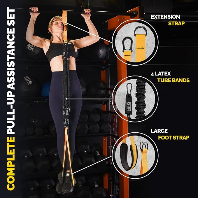 Pull Up Assistance Bands Set - 4 Heavy-Duty Pull Up Bands, Height Adjustable Strap & Comfortable Foot Strap - Stackable Pull Up Resistance Bands for Pull Ups