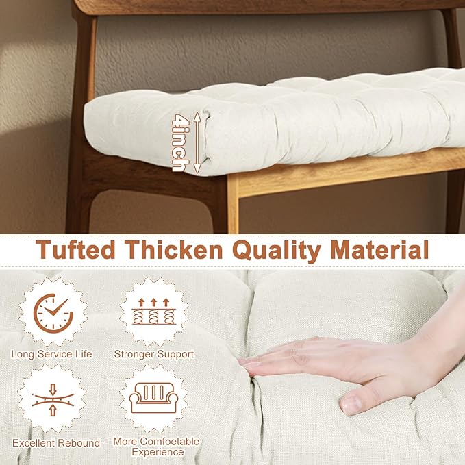 2 Pack Outdoor Bench Cushion Patio Waterproof Porch Swing Cushions Tufted Memory Foam Bench Seat Pads Thicken Non Slip for Outside Indoor Garden Furniture Wicker Loveseat Settee(Beige,42x16 Inch)