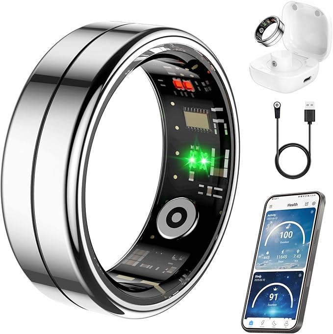 Fit Ring, Smart Health Rings for Women Men with Heart Rate,Blood Oxygen,HRV,Stress Level, Sleep Monitor, Step Tracker, No Subscription Fee, IP68 Waterproof Smart Ring for iphone &Android (Silver, 12#)
