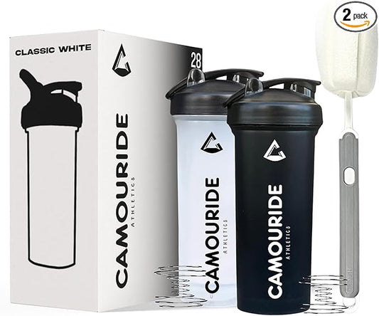 2 Pack 28 oz Protein Shaker Bottles with Wire Whisk and Washing Brush – BPA-Free, Leak-Proof Shaker Cups for Protein Shakes & Smoothies – Large Plastic Mixer Bottles – Classic White & Midnight Black