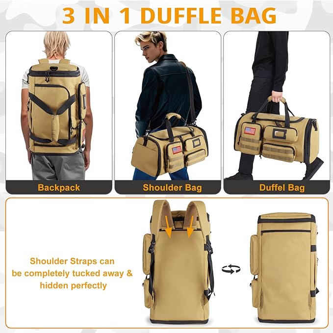 Expandable Gym Bag For Men,Tactical Large 3 in 1 Sports Duffle Bag With Shoes Compartment,Water Resistant Sports Gym Tote Bags Multi-functional Weekend Travel Backpack Overnight Bag