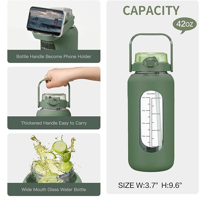 42oz/52oz/64oz Glass Water Bolttles with Straw Half Gallon Large Motivational Water Bottle with Time Marker Sports Water Bottles with Silicone Sleeve and Handle Lid Water Jug for Gym Workout