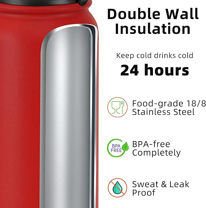 Fanhaw 20 Oz Stainless Steel Insulated Sports Water Bottles with Straw for Kids, Men and Women (Red)