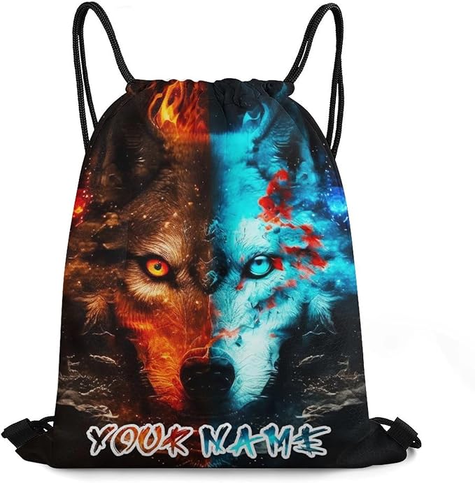 Custom Wolf Drawstring Backpack - Cute Cinch Sack, String Backpacks for Women Men Kids Boys Girls for Gym Outdoor Sports Travel Athletic Drawstring Bag - Lightweight/Foldable