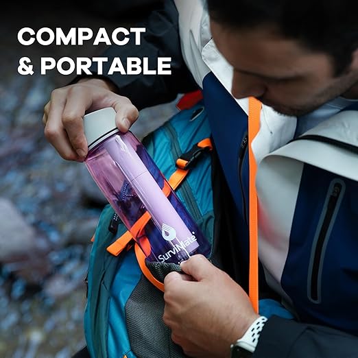 Survimate 5-Stage 0.01μm Ultra-Filtration Filtered Water Bottle, BPA-Free Material, NSF/ANSI 42&372 Certified, Portable Water Filter Bottle for Survival, Camping, Hiking, and Emergency Use