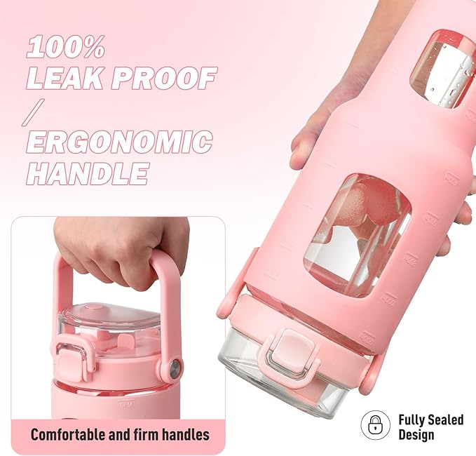 BLUEGO 40 oz Glass Water Bottles with Straw Time Marker, Glass Tumbler with Handle Top Lids, Easy to Clean, Fits in Car Cup Holder, Leakproof Jug for Gym, Sports, Workout & Daily, Pink